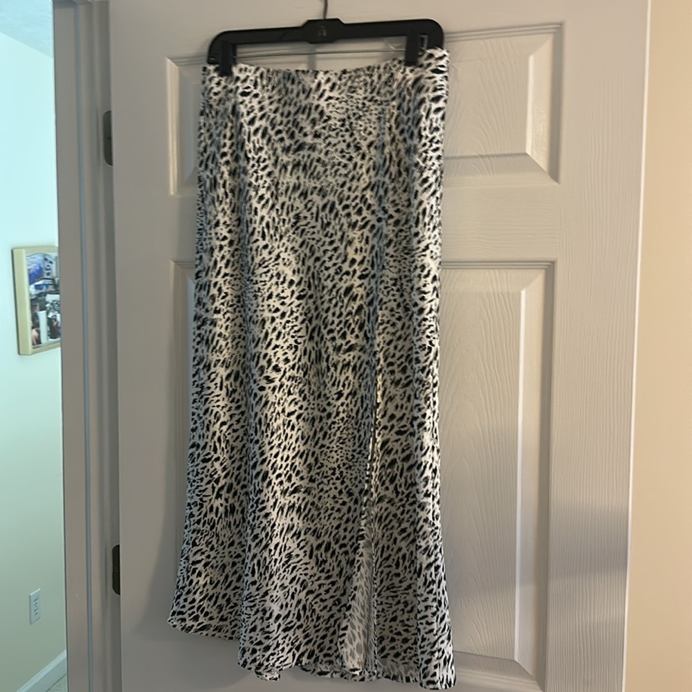 Satin Black and White Leopard Print Midi Skirt with Slit